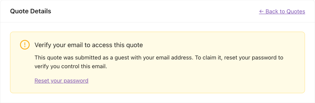 Monit weryfikacji adresu e-mail zapytania gościa - Wholesale Suite Strona szczegółów zapytania w Moje konto pokazująca ostrzeżenie „Zweryfikuj swój adres e-mail, aby uzyskać dostęp do tego zapytania” i link Resetuj hasło