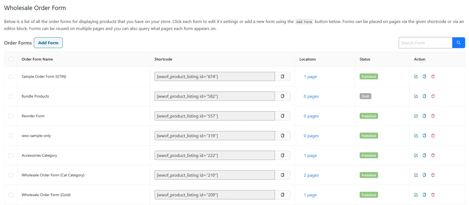 Order Forms list with shortcodes and locations - Wholesale Suite Wholesale Order Forms list showing each form's shortcode, locations and status