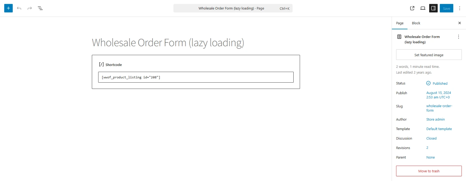 Order form shortcode on a published page - Wholesale Suite Block editor showing a published page with the order form shortcode in a Shortcode block
