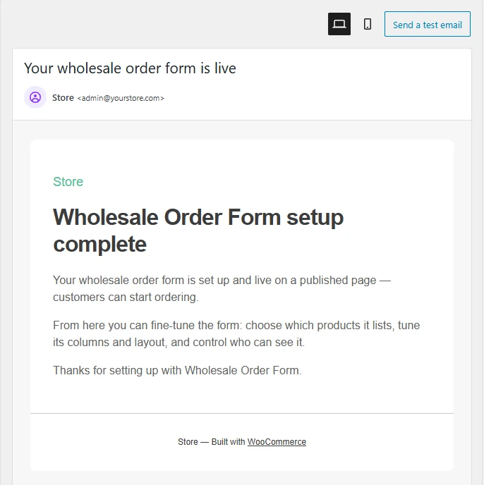 Setup complete email preview - Wholesale Suite Email preview of the setup complete email