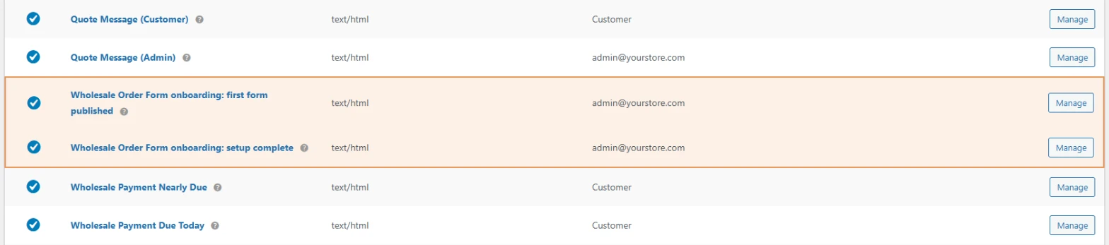 Wholesale Order Form onboarding emails in WooCommerce settings - Wholesale Suite WooCommerce email settings listing the two Wholesale Order Form onboarding emails