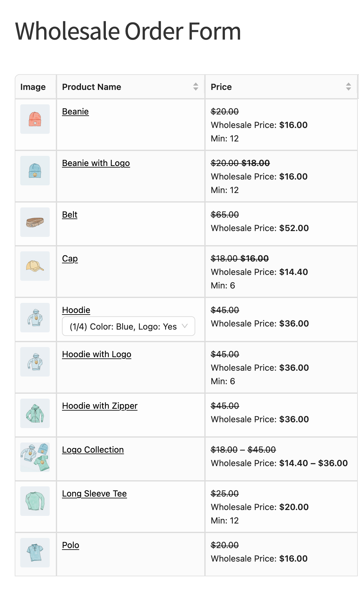 A printed wholesale order form showing product images, names and wholesale prices, with search, quantity and add-to-cart controls hidden