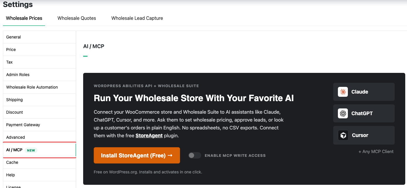 wholesale-suite-ai-abilities-ai-mcp-tab - Wholesale Suite Der Tab KI / MCP mit seiner neuen Markierung in den Wholesale Suite-Einstellungen, der die Schaltfläche Install StoreAgent (Free) anzeigt