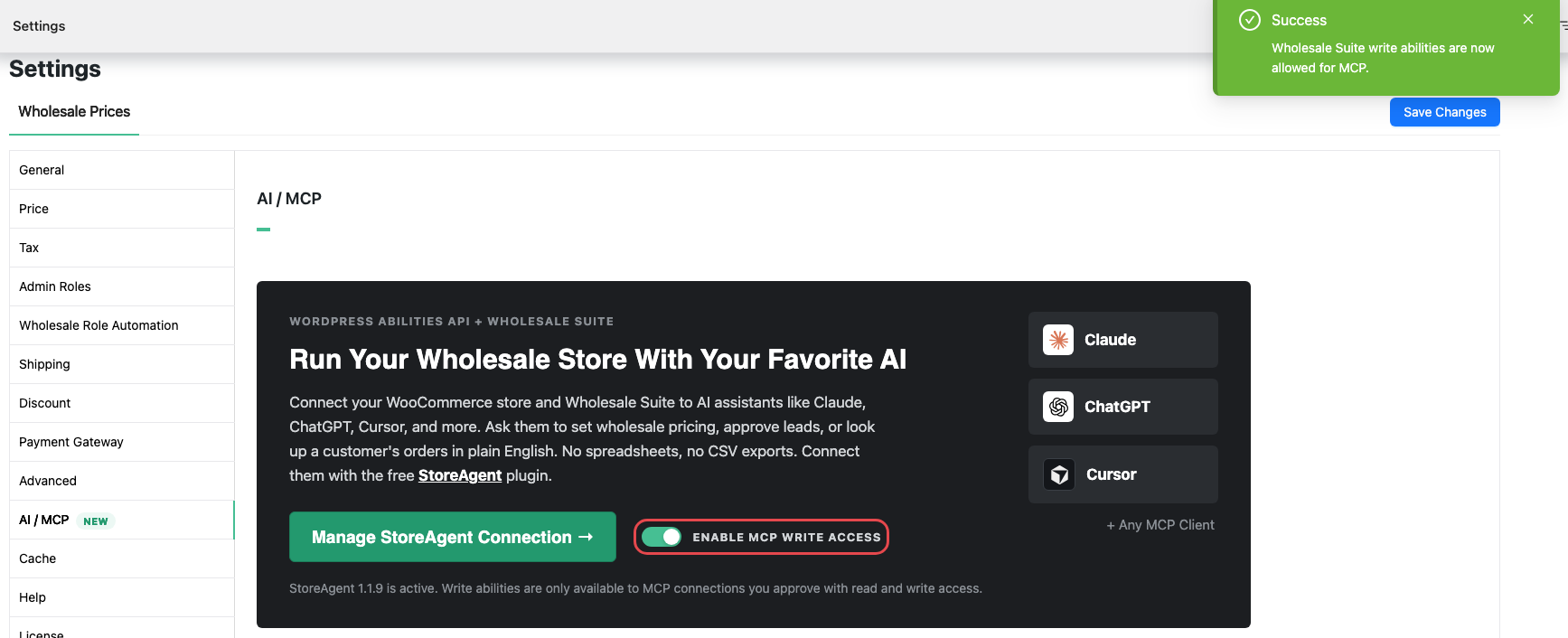 wholesale-suite-ai-abilities-mcp-write-access-on - Wholesale Suite Der Schalter MCP-Schreibzugriff aktivieren ist eingeschaltet, mit der Erfolgsmeldung Die Schreibfähigkeiten von Wholesale Suite sind jetzt für MCP erlaubt