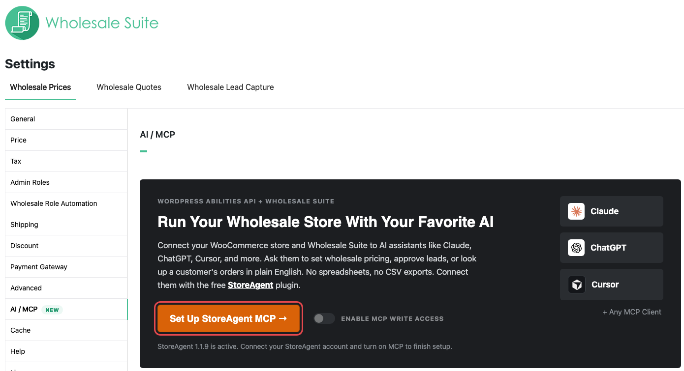 wholesale-suite-ai-abilities-set-up-storeagent-mcp - Wholesale Suite Der Tab KI / MCP, der die Schaltfläche Set Up StoreAgent MCP anzeigt, nachdem StoreAgent installiert wurde