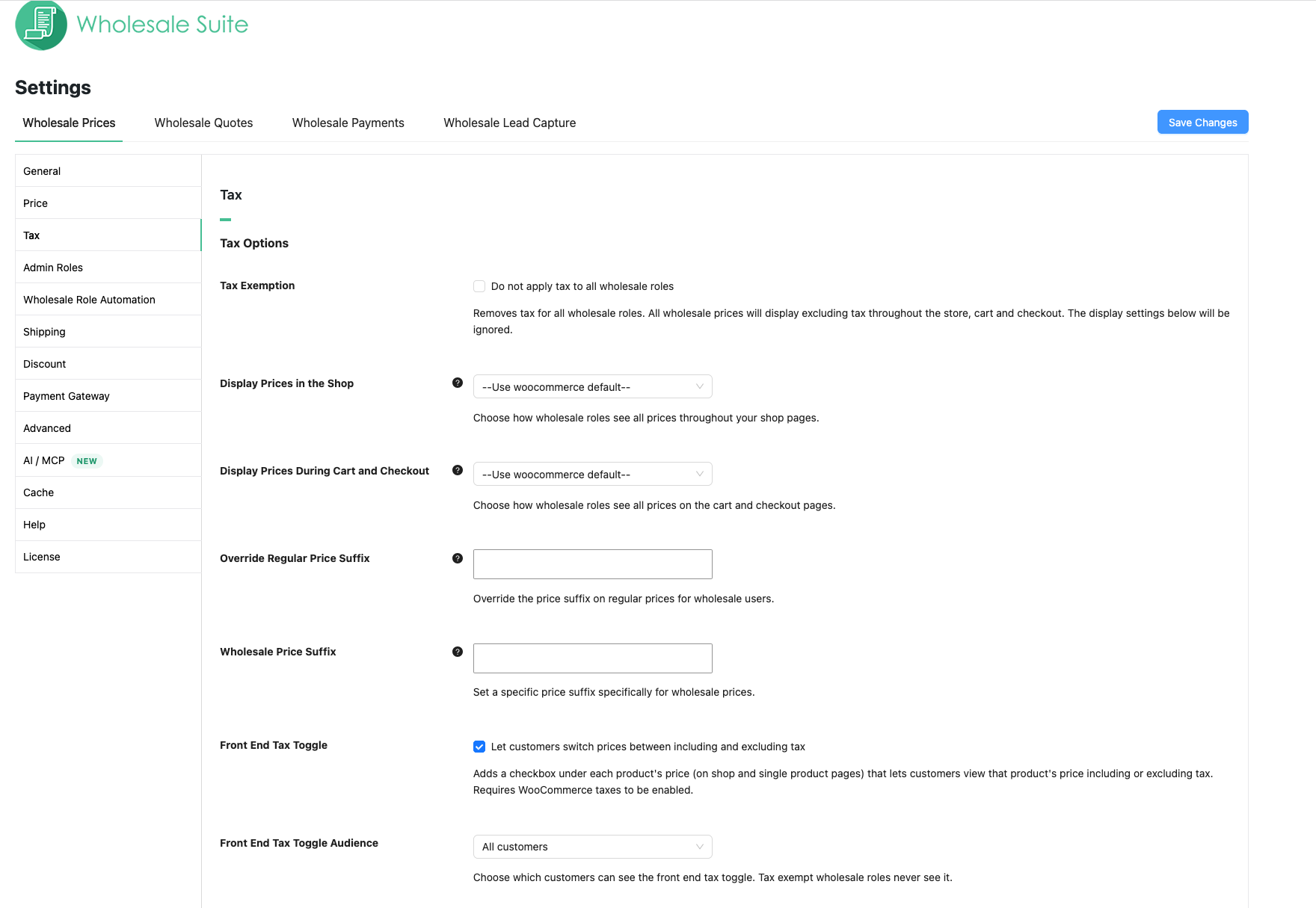 wholesale-suite-front-end-tax-toggle-settings - Wholesale Suite Großhandel → Einstellungen → Großhandelspreise → Steuern → Steueroptionen, zeigt die Checkbox Steuerumschalter im Frontend aktiviert und das Dropdown-Menü Zielgruppe für Steuerumschalter im Frontend