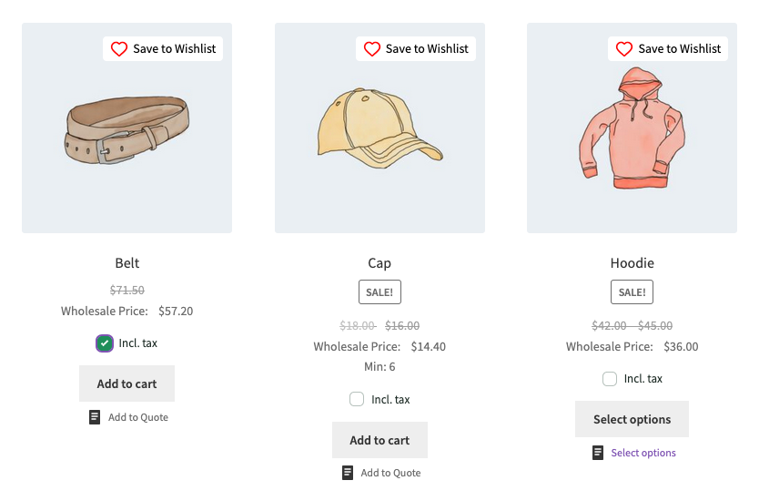 wholesale-suite-front-end-tax-toggle-shop-page - Wholesale Suite Shop-Seite zeigt die "MwSt. inkl." Checkbox unter dem Produktpreis an, wobei ein Produkt zum Anzeigen seines Preises inklusive MwSt. ausgewählt ist.