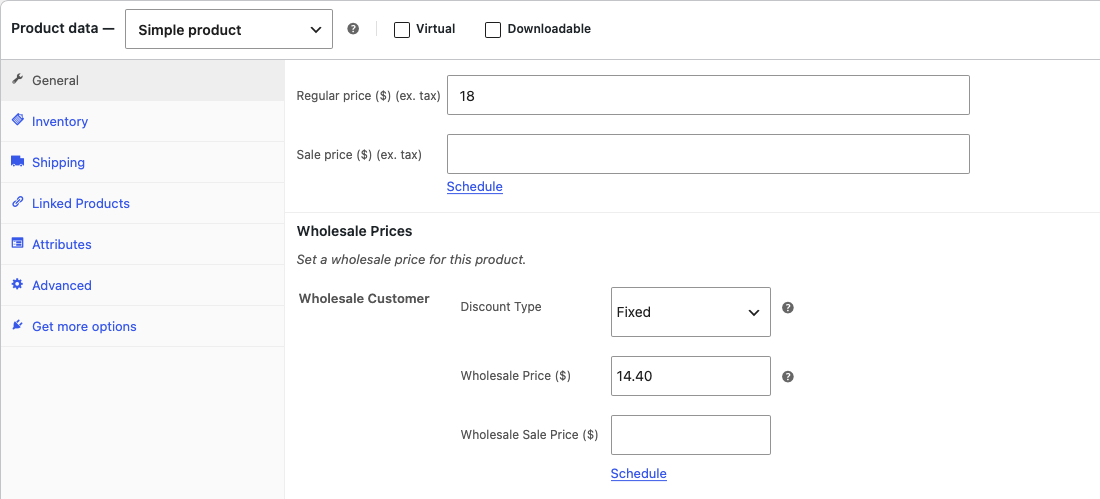 wholesale-suite-grouped-products-child-wholesale-price-fields-tshirt - Wholesale Suite El panel General del producto hijo Camiseta con un precio normal de 18 y un precio mayorista de Cliente mayorista de 14,40