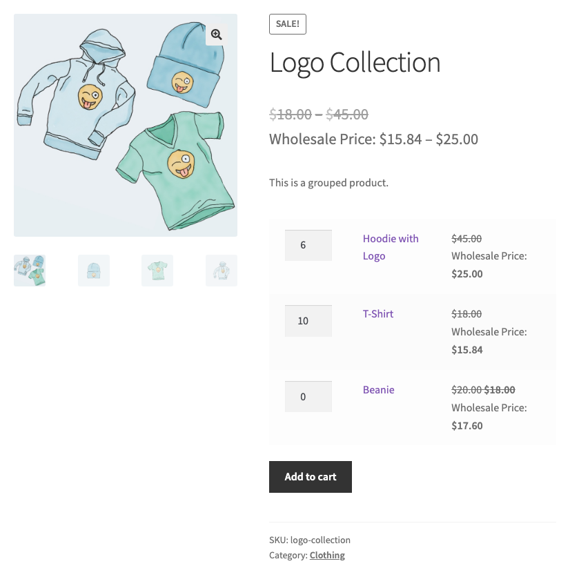 wholesale-suite-grouped-products-wholesale-customer-product-page-1 - Wholesale Suite Un producto agrupado que se muestra a un cliente mayorista con el rango de precios mayoristas del padre y las cantidades introducidas para dos productos hijos