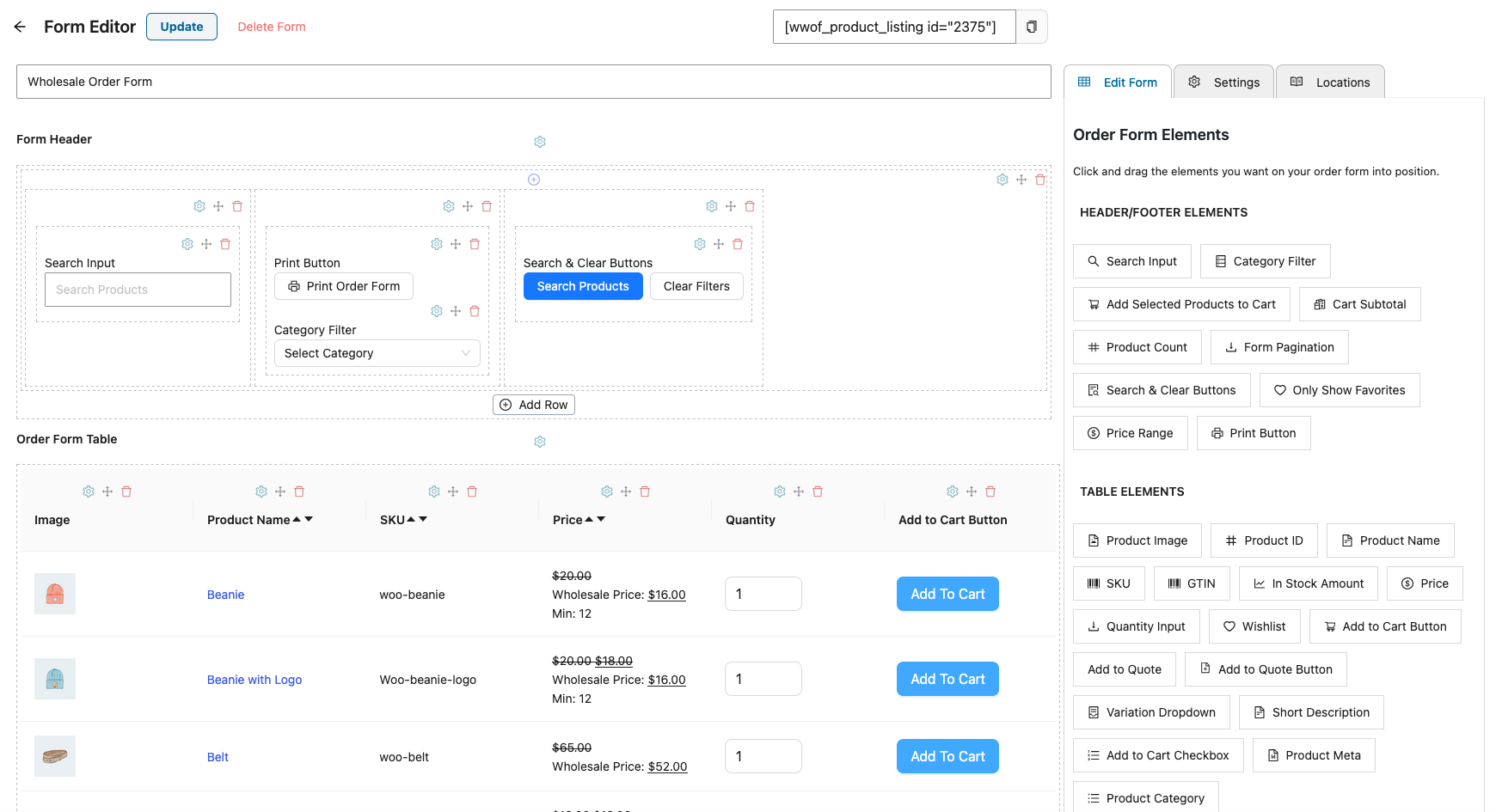 wholesale-suite-order-form-edit-form-sku-column - Wholesale Suite Wholesale Order Form editor with the SKU column added to the Order Form Table between Product Name and Price