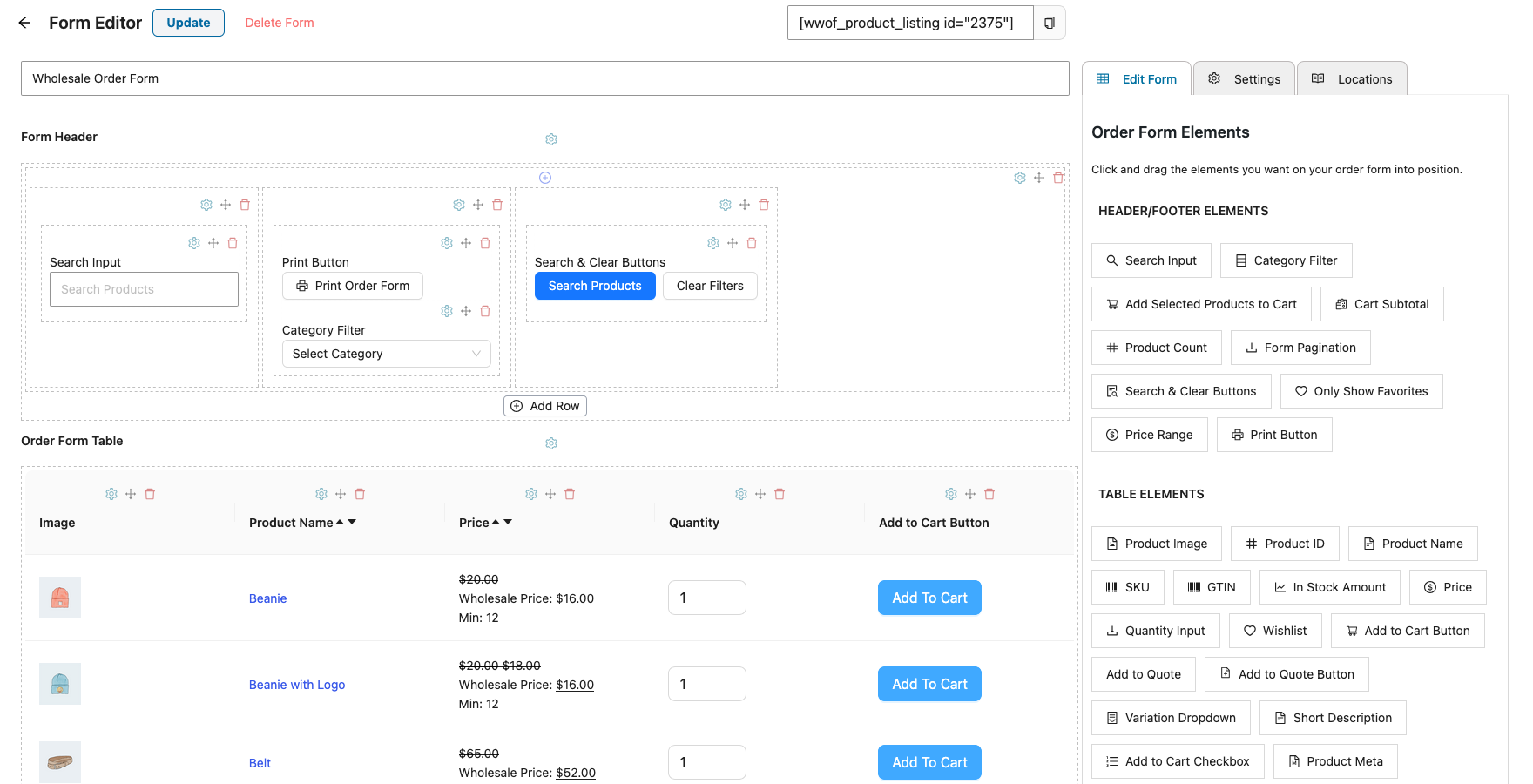 wholesale-suite-order-form-form-editor-builder - Wholesale Suite Wholesale Order Form editor with the Form Header, the Order Form Table, and the Edit Form tab listing header, footer and table elements