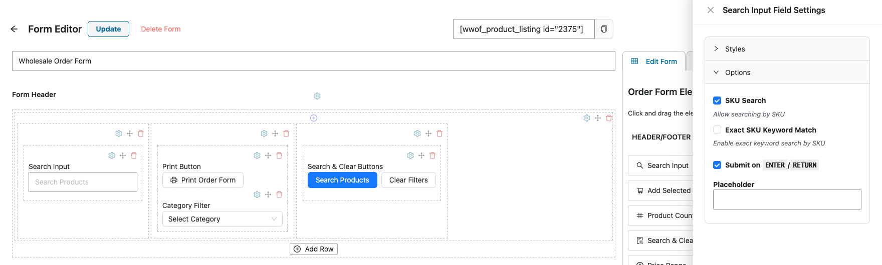 wholesale-suite-order-form-search-input-sku-search-option - Wholesale Suite Search Input Field Settings panel with the SKU Search option ticked