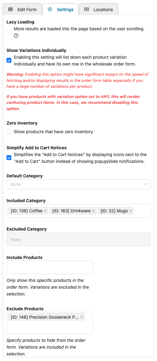 wholesale-suite-order-form-settings-include-exclude-fields - Wholesale Suite Wholesale Order Form Settings tab with Included Category and Exclude Products filled in, and Excluded Category disabled
