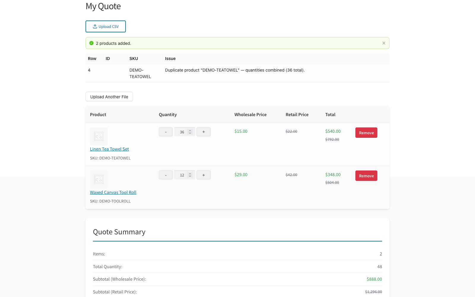 wholesale-suite-quotes-csv-upload-result - Wholesale Suite A customer quote after CSV upload showing imported items and a result message with a row warning