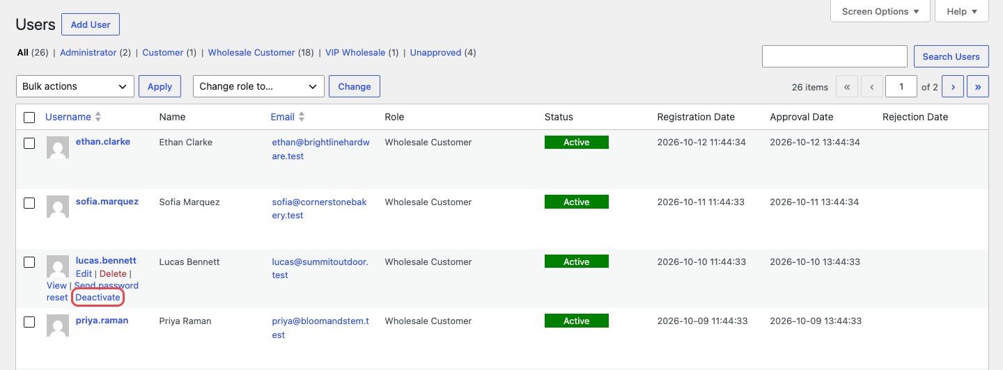 wholesale-suite-users-list-deactivate-row-action-demo - Wholesale Suite La liste des utilisateurs WordPress avec l'action de ligne Désactiver mise en surbrillance sous un client de gros actif