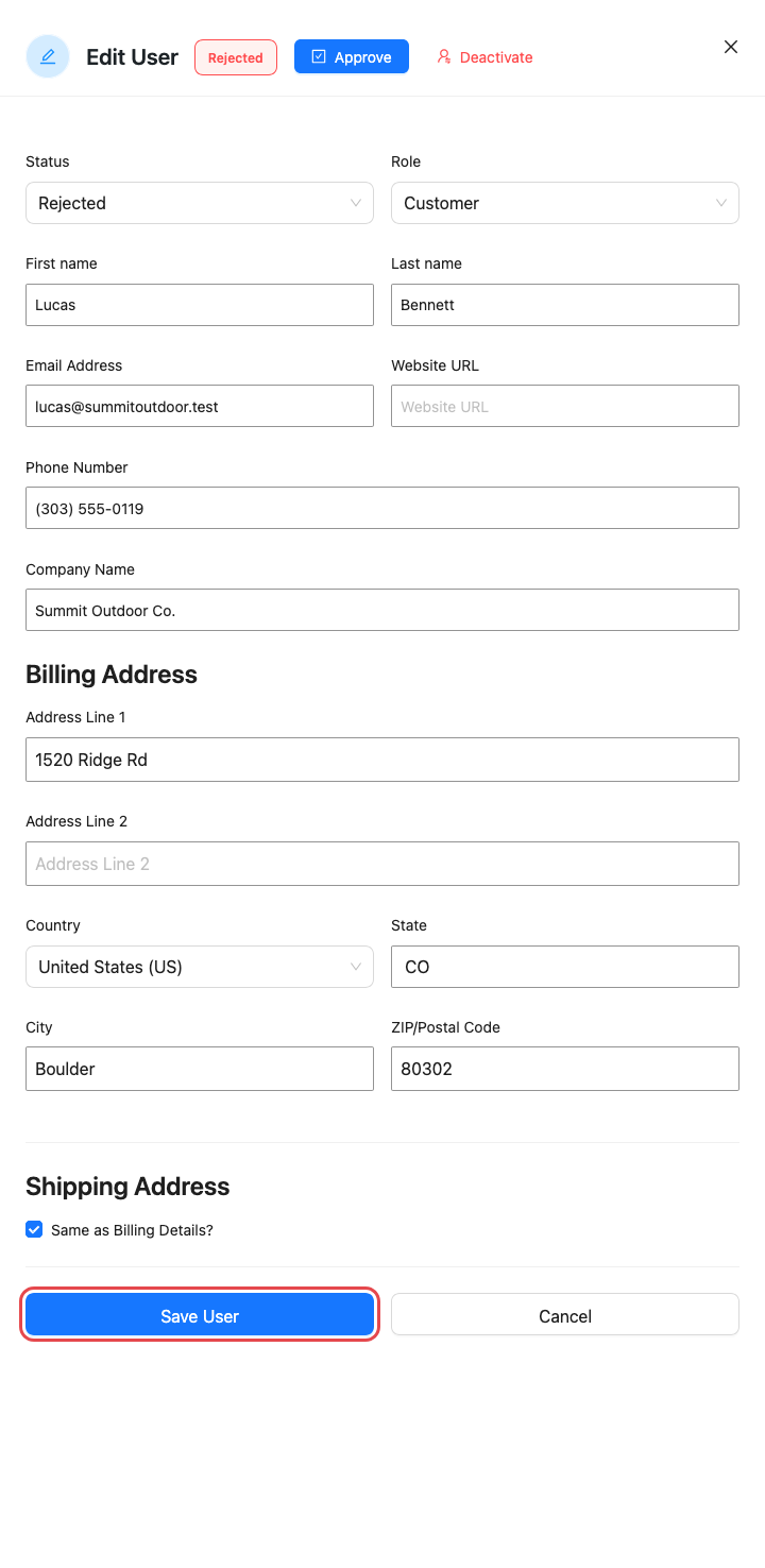 wholesale-suite-wwlc-edit-user-panel-rejected-status-demo - Wholesale Suite Le panneau Modifier l'utilisateur après Désactiver, avec le rôle défini sur Client, le statut défini sur Rejeté et le bouton Enregistrer l'utilisateur mis en surbrillance