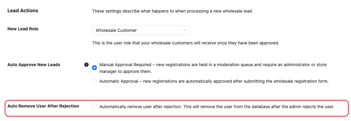 wholesale-suite-wwlc-general-settings-lead-actions-auto-remove-demo - Wholesale Suite La section Actions sur les prospects des paramètres généraux de WooCommerce Wholesale Lead Capture, avec le paramètre Supprimer automatiquement l'utilisateur après le rejet mis en surbrillance