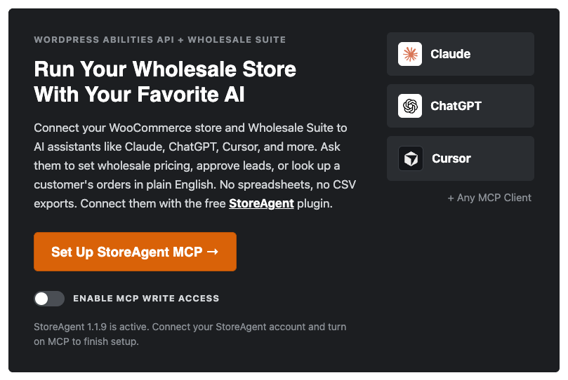 wws-10-ai-mcp-write-access-switch-1 - Wholesale Suite The AI / MCP tab holds the StoreAgent write access switch for Wholesale Suite abilities